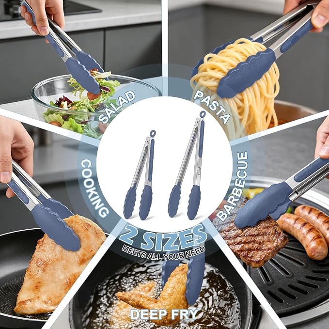 Stainless Steel Kitchen Tongs with Silicone Tips, Locking Grilling Food Tongs, 9" and 12", Set of 2 Blue