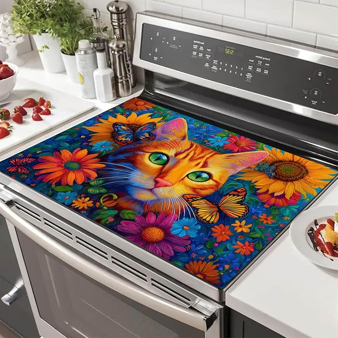 HOMETITUTE Vibrant Cat Stove Top Covers for Electric Stove Cover 28x20 Inches Heat Resistant Diatomite Glass Top Pad Protector Stovetop Cover Decorative Kitchen Mat for Cooktop Countertops and Sinks