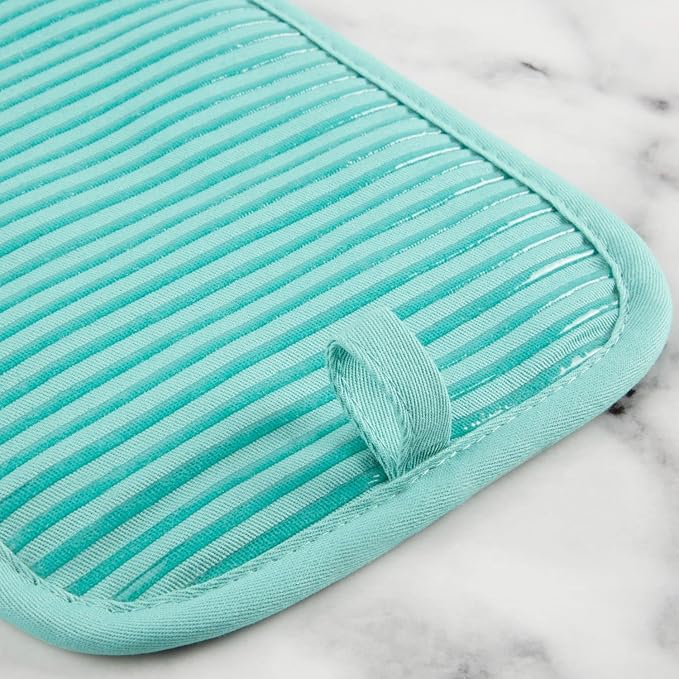 KITCHENAID Quilted Cotton Terry Cloth Oven Mitt, Pot Holder, Kitchen Towel 4-Pack Set, Heat Resistant, Silicone Grip, 16"x26", 7"x13" & 7"x10", Aqua Sky