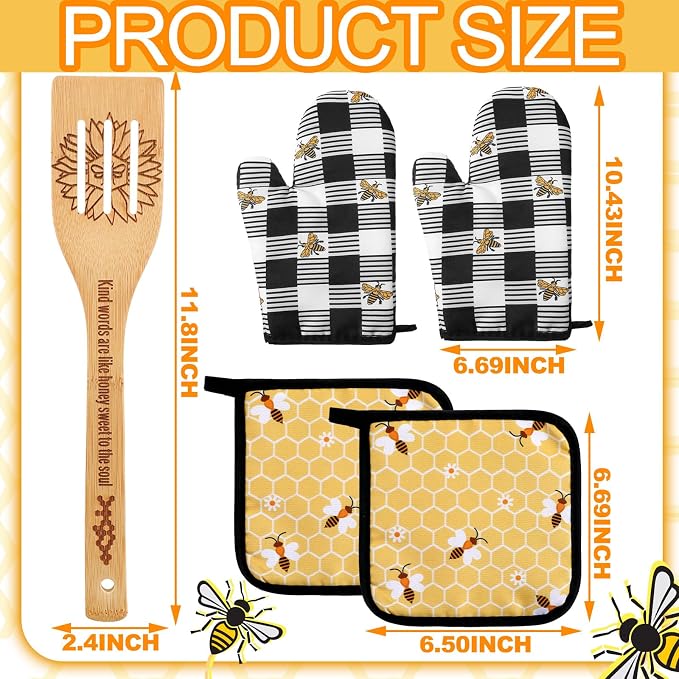13 Pcs Bee Kitchen Decor Accessories Kitchen Apron Dish Towels Oven Mitts and Pot Holders Cute Wooden Spoons for Bee Festival Farmhouse Home Decoration Housewarming Gifts