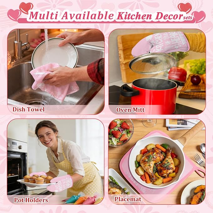 8 Pcs Pink Kitchen Decor Set 4 Pink Kitchen Dish Towels 2 Oven Mitt 2 Pot Holders for Kitchens Cooking Baking Spring Decoration Farmhouse Housewarming Accessories