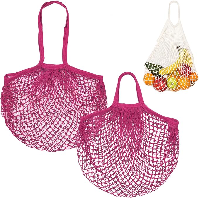 M METERXITY 2-Pack Cotton Mesh Bag, Reusable Washable Mesh Net String Grocery Bags, Reusable Produce Bags with Handle, Net Tote Bag for Fruits/Vegetables Shopping [Rose Red, Long&Short Handle]