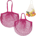 M METERXITY 2-Pack Cotton Mesh Bag, Reusable Washable Mesh Net String Grocery Bags, Reusable Produce Bags with Handle, Net Tote Bag for Fruits/Vegetables Shopping [Rose Red, Long&Short Handle]