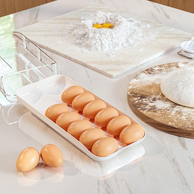 theaoo Egg Holder for Fridge, Automatic Rolling Egg Container, White, 1Pack | Quick Removable Inner Tray For Easy Egg Loading. Stackable Egg Dispenser For Refrigerator Storage And Organization