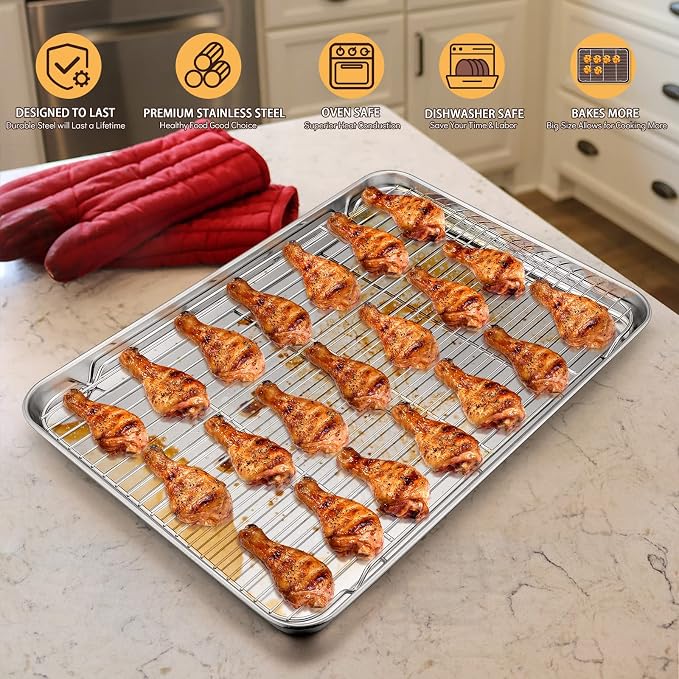 E-far Cookie Sheet with Rack Set, 18”x13” Baking Pan for Oven Roasting | Stainless Steel Half Sheet Rimmed Tray with Wire Cooling Rack, For Cooking Broiling Bacon Meat Steak, Dishwasher Safe