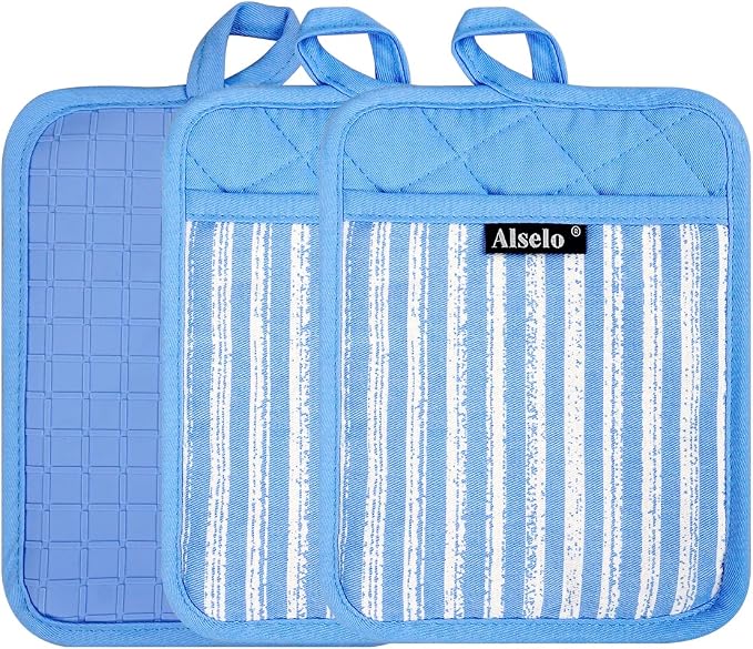 Alselo Silicone Pot Holders Set of 3 Heat Resistant & Non Slip Potholders | Professional Oven Hot Pads with Pockets Mitts for Kitchen Cooking Baking Barbecue (Blue, 3)