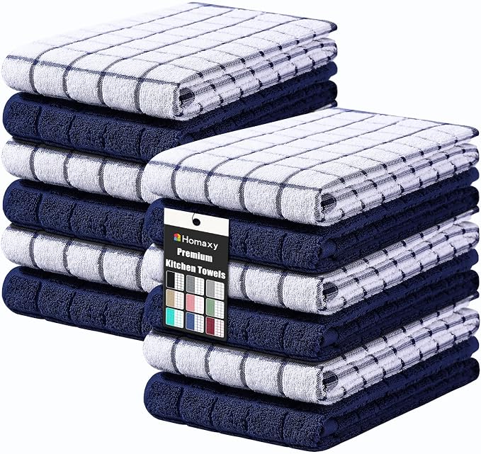 Homaxy Large Premium Cotton Kitchen Towels 16"x 28", 12 Pack, Dusty Blue | Natural Ring Spun 390 GSM Dish Towels, Super Absorbent Terry Kitchen Hand Towels, Soft Tea Towels with Hanging Loop