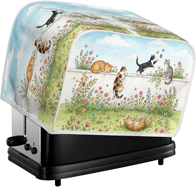 Cat Flower Print Bread Machine Cover 2 Slice Wide Slot Toaster Oven Dust Covers Anti Fingerprint Protective Cover for Kitchen