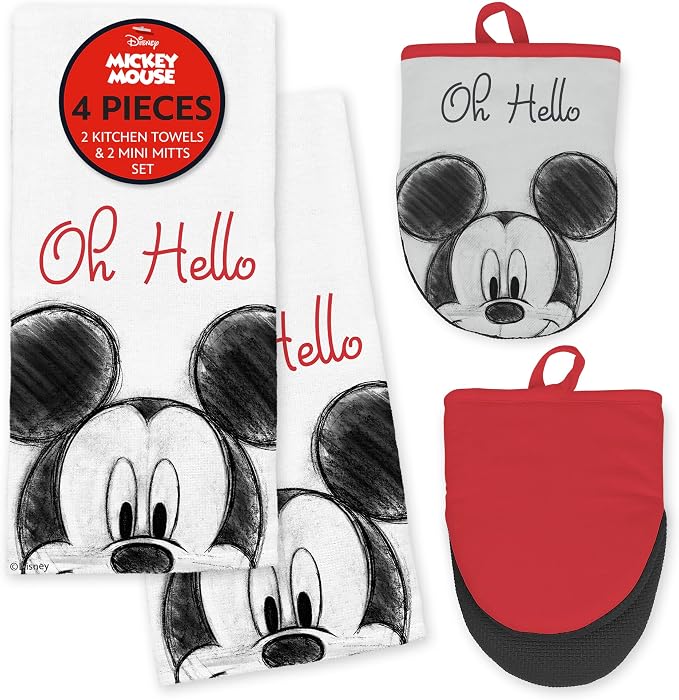 Disney Mickey Cotton Kitchen Towels & Mini Oven Mitts, 4-Piece Set | Absorbent, dries dishes fast, machine washable, mitt grip resists heat to 350F and is hand wash only, great for gifting