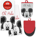 Disney Mickey Cotton Kitchen Towels & Mini Oven Mitts, 4-Piece Set | Absorbent, dries dishes fast, machine washable, mitt grip resists heat to 350F and is hand wash only, great for gifting