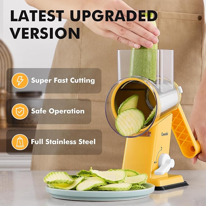 Geedel Upgraded Rotary Cheese Grater Hand Crank, Vegetable Shredder Slicer | 4 Blades, Stronger Suction Base, Wider Chute, 18x Faster Cutting, No BPA, Stainless Steel, for Cheese, Veggies, Nut