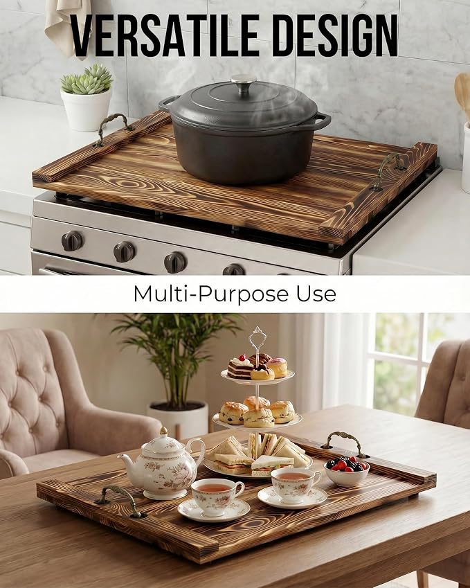 Natural Wood Noodle Board Stove Cover, Wooden Stove Top Cover for Electric and Gas Stove, Decorative Rustic Kitchen Serving Tray