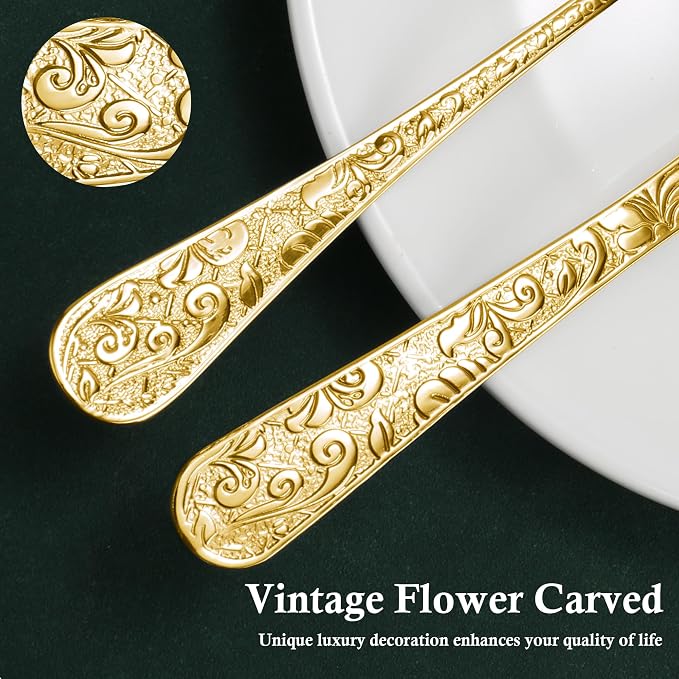 Meythway 60-Piece Vintage Carved Gold Silverware Set for 12, Stainless Steel Flatware Set with Knife/Fork/Spoon, Cutlery Set for Home and Kitchen, Utensil Set with Dishwasher Safe