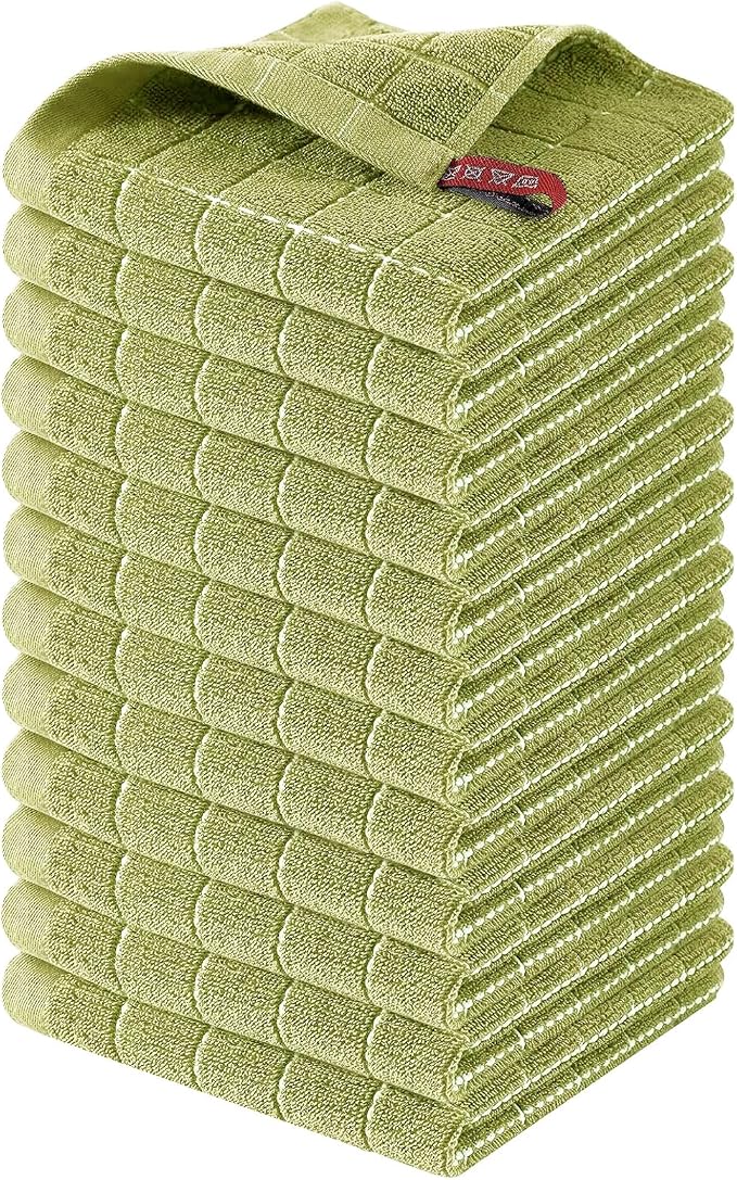 Homaxy 100% Cotton Terry Kitchen Dish Cloths, 12 Pack, Sage Green | Ultra Soft and Absorbent, Suitable for Drying and Washing Dishes