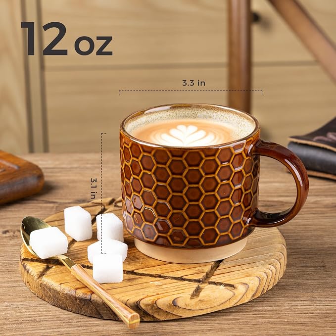 GBhome 12 OZ Stackable Coffee Mugs Set of 4, Ceramic Coffee Cups Set | 4 Assorted Designs, Embossed Mugs with Texture Patterns for Tea/Coffee, Dishwasher&Microwave Safe, Caramel