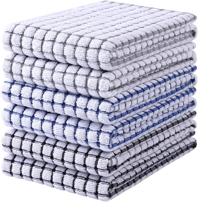 Mordimy Cotton 6 Pack Terry Kitchen Towels, 16 x 25 Inches | Super Soft and Absorbent Dish Towels, Quick Drying Hand Towels for Kitchen Drying, Black/Grey/Blue