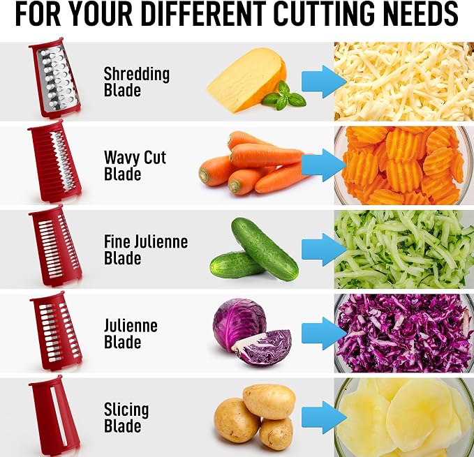 Zulay Kitchen Rotary Cheese Grater 5 Blade Cheese Shredder - Manual Hand Crank Cheese Grater With Reinforced Suction & 5 Interchangeable Drums - Easy to Use, Vegetable Chopper Round Mandoline Slicer