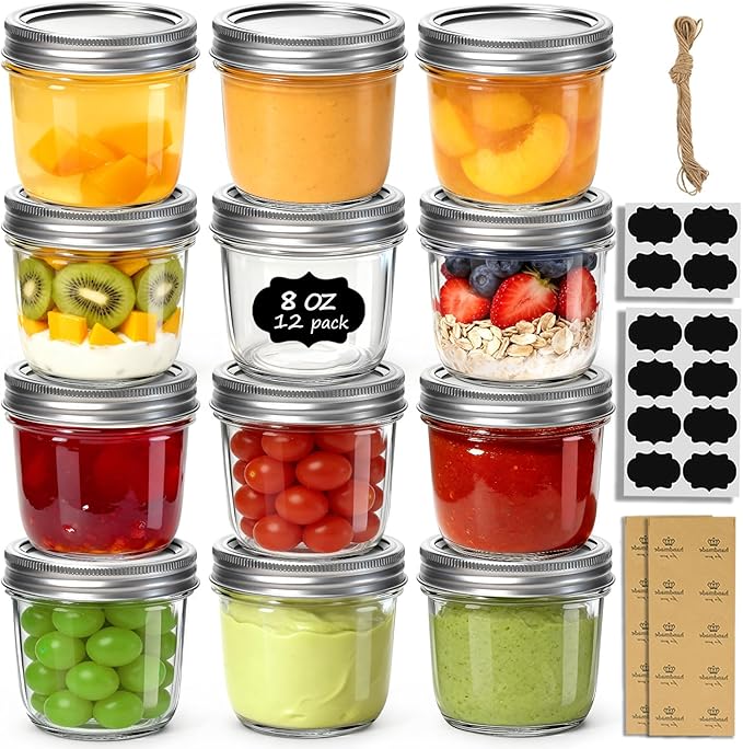 ComSaf 8 oz Wide Mouth Mason Jars Bulk Set, 12 Pack Small Jars with Lids | BPA-Free,Half-Pint Portion, Chunky Salsa, Overnight Oats, Party Favors, Meal Prep, DIY Candles, For Big Canning Project