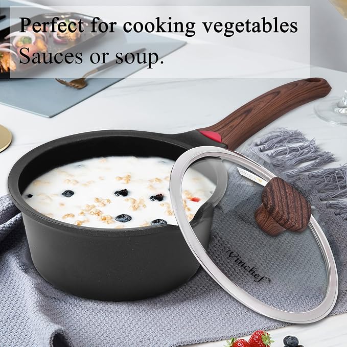 Vinchef 2QT Nonstick Sauce Pan with Lid, Ceramic Coating | German 3C+ reinforced ceramic stays nonstick longer, scratch-resistant, stay-cool handle, works on induction, easy to clean