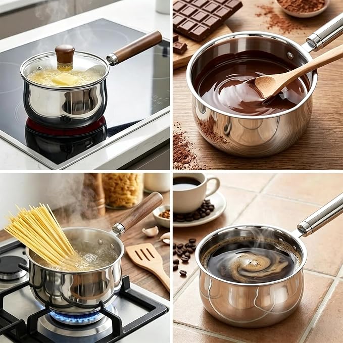 GREATLINK Small Sauce Pan with Lid and Wooden Handle for Cooking - 1 Quart Stainless Steel Saucepan with Pour Spout for Heating Milk, Melting Chocolate, Warming Sauces - Small Pot for All Cooktop