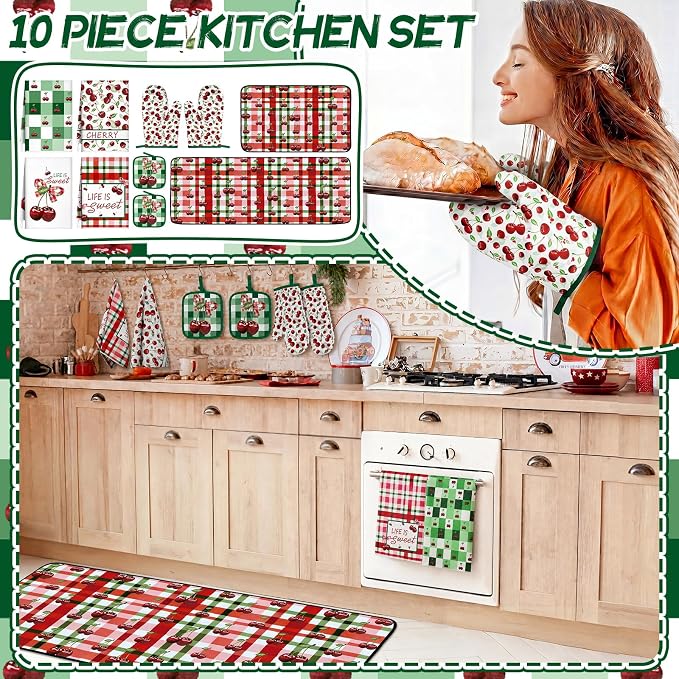Fourluoo 10 Pcs Cherry Kitchen Decor and Accessories Set Cherry Kitchen Towels and Rugs Pot Holders Oven Mitts Set for Cooking Baking Mom Housewarming Gifts
