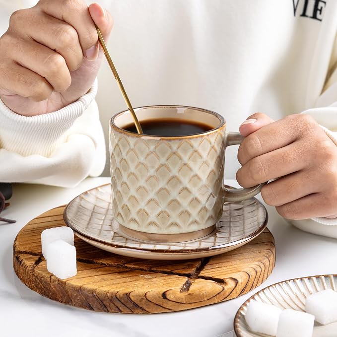 GBhome 6 OZ Stackable Coffee Mugs Set of 4, Ceramic Coffee Cups Set | 4 Assorted Designs, Embossed Mugs with Texture Patterns for Espresso/Tea, Dishwasher&Microwave Safe, Khaki