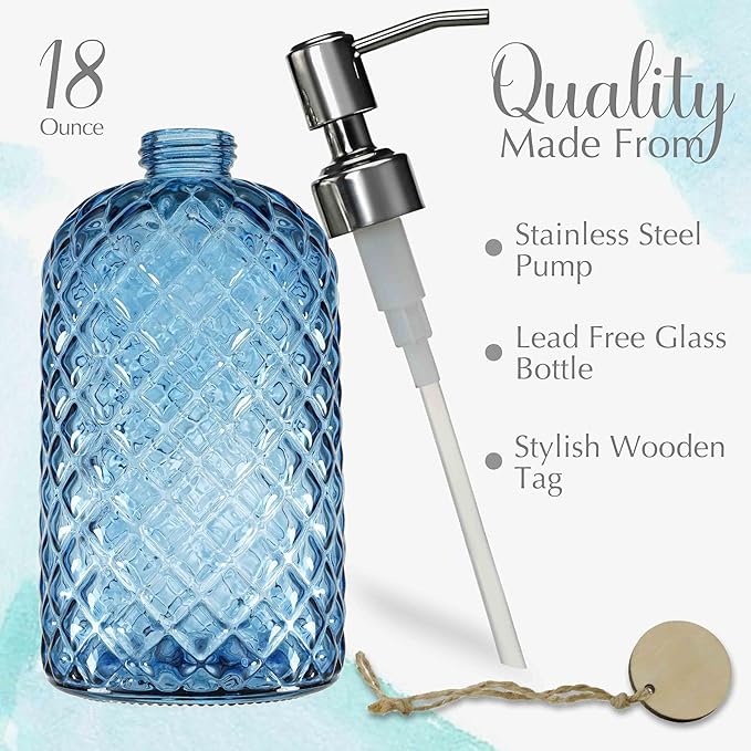 JASAI 18Oz Gem Patterned Glass Soap Dispenser for Kitchen and Bathroom | Refillable Hand soap Dispenser with Rust Proof Stainless Steel Pump, Clear Soap Dispenser Bathroom for Dish Soap, Hand Soap.