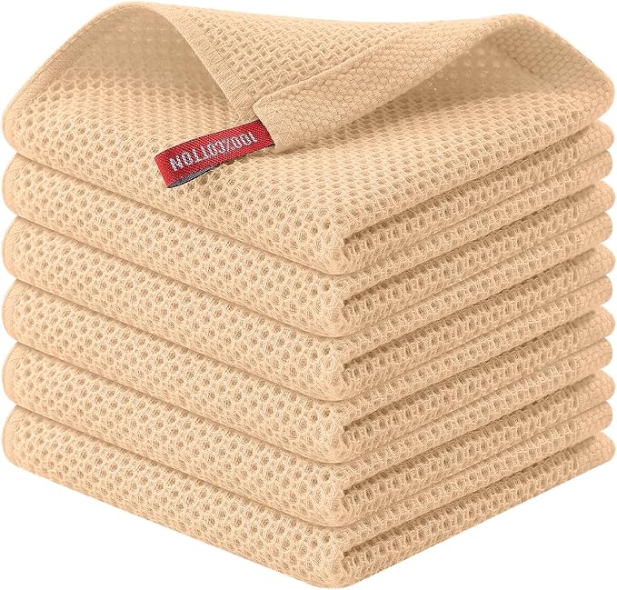 Kitinjoy 100% Cotton Waffle 6-Pack Kitchen Towels, 12" x 12", Apricot | Ultra Absorbent, Super Soft, lightweight, Quick Drying Dish Rags for Washing Dishes