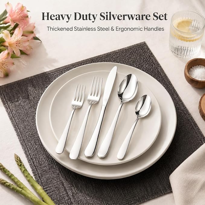E-Far Silverware Set for 8, 40-Piece Heavy Duty Stainless Steel Forks and Spoons Flatware Set, Metal Eating Utensils Cutlery for Home Kitchen, Mirror Polished & Dishwasher Safe