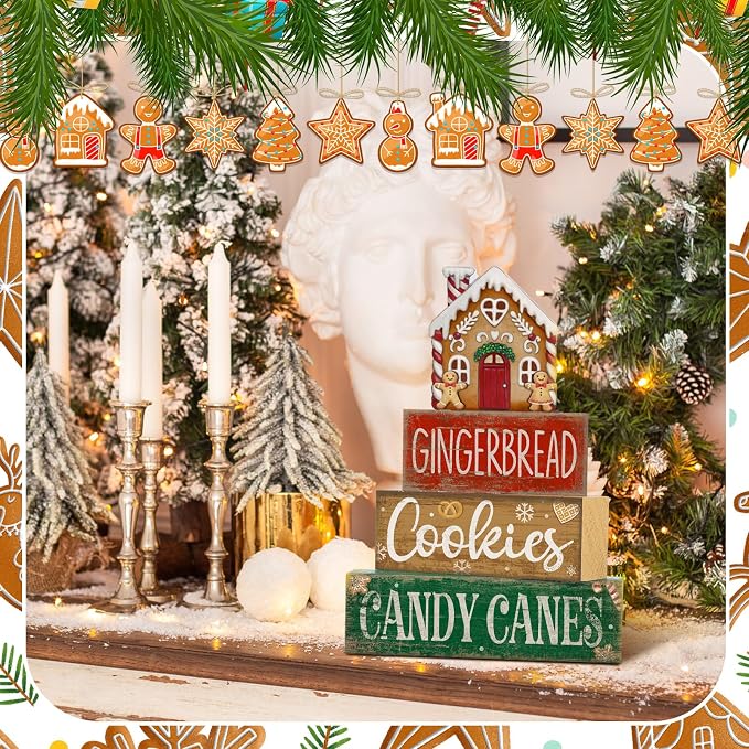 Lineshading 4 Pcs Christmas Table Decor Gingerbread House Tiered Tray Decor | Wood Rustic Gingerbread Block Signs, Christmas Table Centerpiece, Farmhouse Home Decor for Table Kitchen Shelf Party Gift