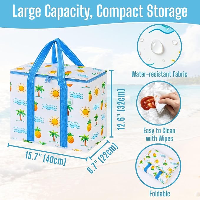 VENO 2 Pack Insulated Cooler Bag Reusable Grocery Bag for Food Delivery | Heavy Duty Large Collapsible Cooler Shopping Tote w/ Zippers, Foldable, Stands Upright for Camping (Tropical Island, 2 Pack)