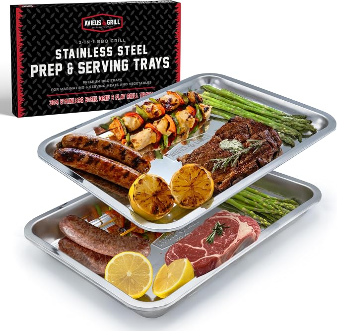 AVIEUS Grill Prep and Serving Trays | Set of 2 Stackable Stainless Steel Trays | Trays for Marinating, Serving & Chopping | Serving Platter for Plating Food & BBQ Prep Tub | Grilling Accessories