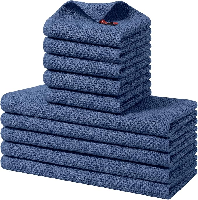 Homaxy 10 Pack 100% Cotton Kitchen Towels and Dishcloths Set, Navy Blue | 12 x 12 Inches and 13 x 28 Inches Kitchen Towels Set, Ultra Soft Absorbent Dish Cloths for Washing Dishes