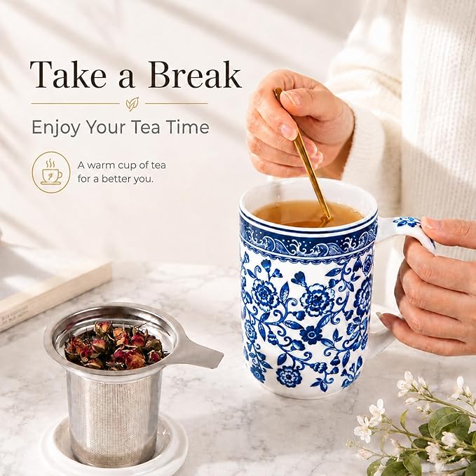 AmorArc Tea Cup With Infuser and Lid, 18oz Loose Leaf Tea Mug With Steeper | Porcelain Tea Mug With Infuser and Lid, Large Strainer Tea Cup with Lid for Tea, Coffee Mug for House-warming Birthday Gift