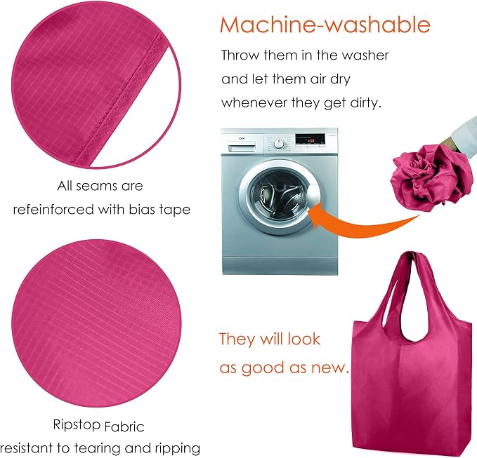 BeeGreen Cerise Reusable Grocery Bags Wholesale Reusable Kitchen Bags Bulk Foldable-Machine Washable with Zipper Storage Pouch 50 Packs