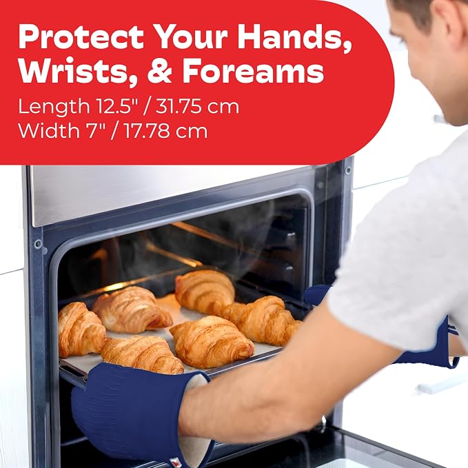 Silicone Oven Mitts - Dark Royal Blue Set of 2-12.5" - Heat Resistant to 536 F / 280 C Kitchen Gloves - Professional Grade Protection Hot Cooking Baking