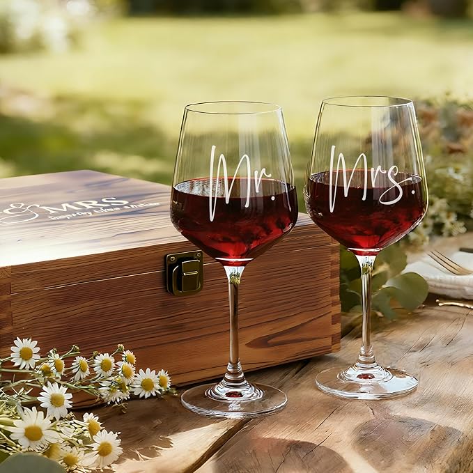 AW BRIDAL Mr and Mrs Wine Glasses, Bridal Shower Wedding Gifts for Couples | Engagement Gift for Newlyweds 2026, Bachelorette Gifts for Bride to Be, Wedding Glass with Opener Stopper Wooden Keepsake Box