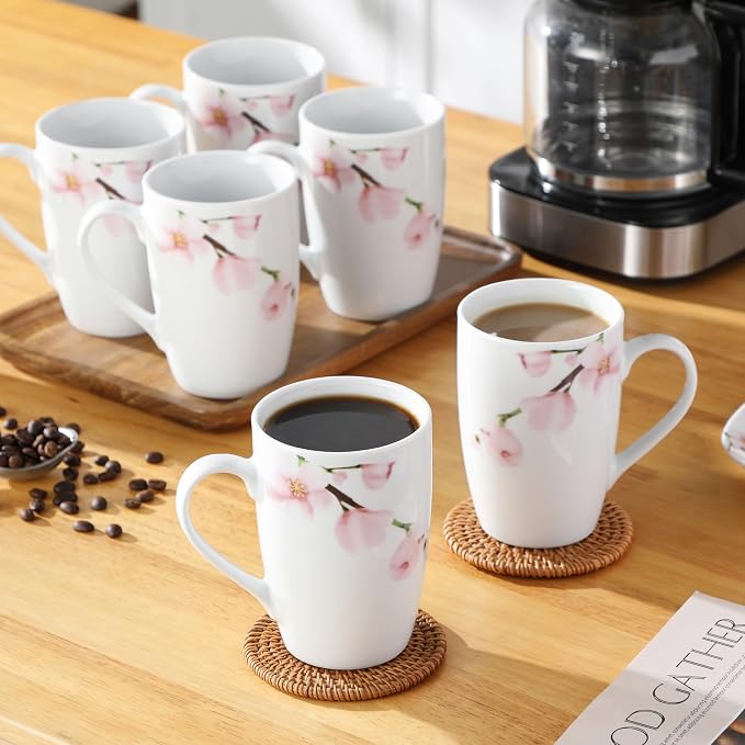 VEWEET Floral Coffee Mugs Set of 6, 16 OZ Large Handle Ceramic Mugs, ANNIE | Floral Coffee Mugs Set of 6 with Large Handle, Microwave and Dishwasher Safe, Ideal for Tea, Coffee, and Hot Cocoa