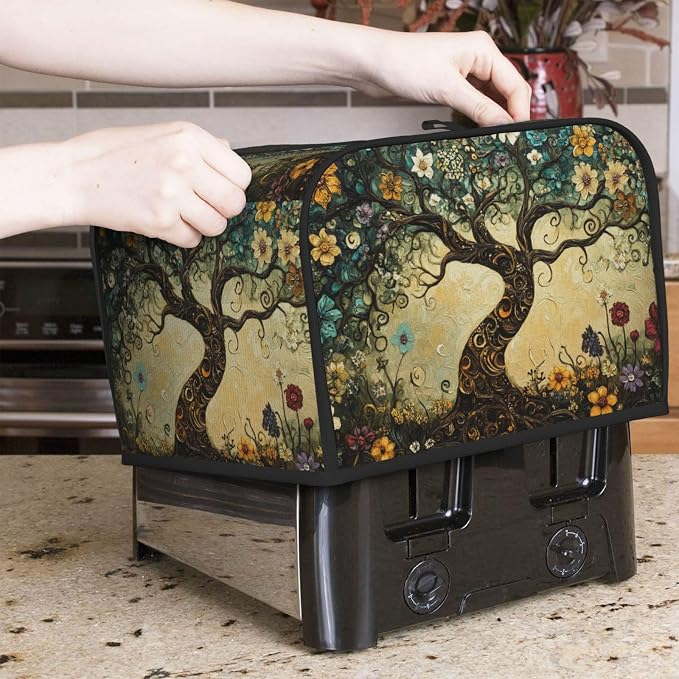4 Slice Toaster Cover Whimsical Tree Flower Dust Proof Washable Kitchen Appliance Cover with Pocket, Oxford Fabric Countertop Toaster Protector for Standard Toasters Small Appliances