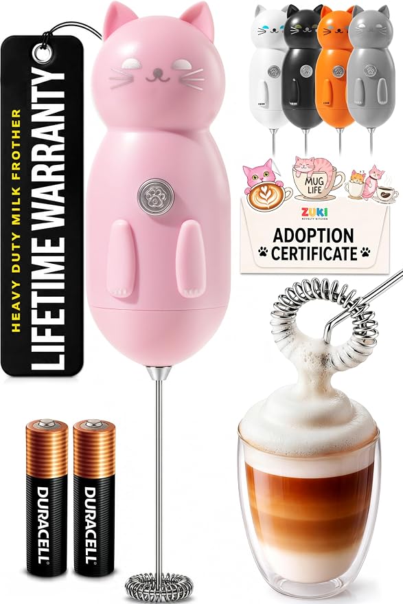 Zulay Kitchen Cat Milk Frother Wand – Cutesy Frother, Meet Your New Frothing Buddy Princess The Cat, Adoption Papers and Stickers Included, Purrr-fect for Lattes, Cappuccino & Matcha – Pink