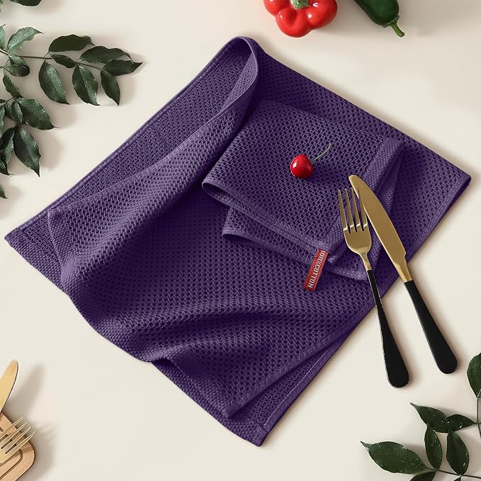 Kitinjoy 100% Cotton Waffle 4-Pack Kitchen Towels, 13" x 28", Eggplant | Super Soft, Ultra-Absorbent, Fast Drying, lightweight, Quick Drying Kitchen Hand Towels