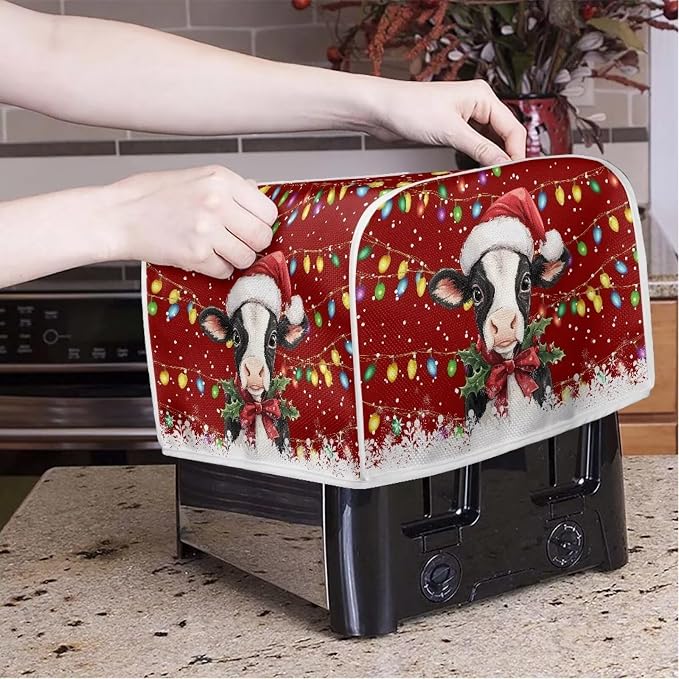 Christmas Cow Print Toaster Cover 2 Slice Bread Toaster Oven Dustproof Cover, Waterproof Kitchen Small Appliance Cover Table Home Kitchen Xmas Decor