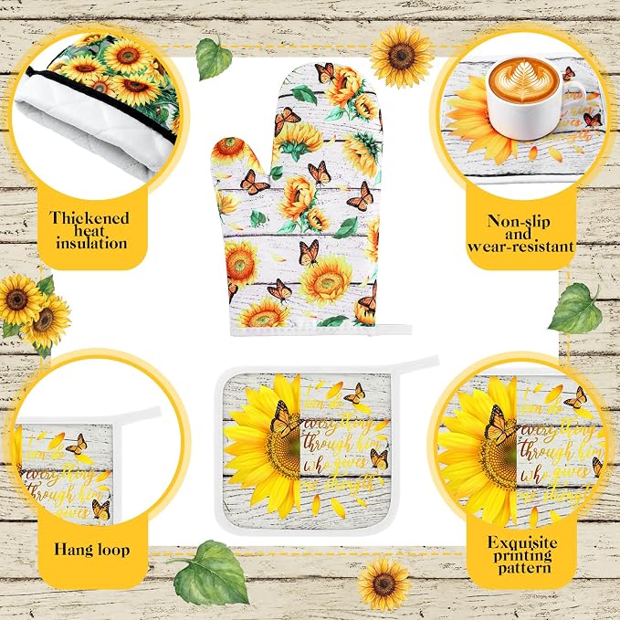 Fourluoo 10 Pcs Sunflower Kitchen Decor Set Butterfly Towels and Rugs Oven Mitts and Pot Holders Farmhouse Sunflower Kitchen Decor Set for Women Mom Gift Cooking Baking Grilling