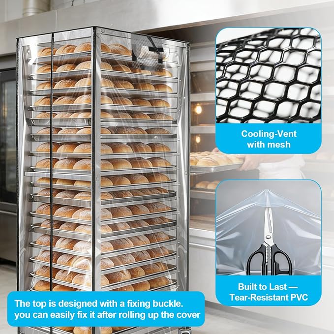 Bun Pan Sheet Rack Cover,Bread Speed Rack Cover with Zipper,Commercial Bakery Racks, 23"x28"x61"Clear PVC Waterproof Dustproof Bread rack Cover with Breathable Mesh Vent (20-Tier TPU)