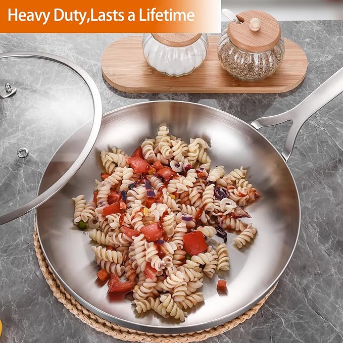 DELARLO Tri-Ply Stainless Steel Frying Pan Set 8" 10" 12" With Lid skillets | Stainless Steel Pan Cooking Heat fast and evenly Compatible with All Cooktops Dishwasher and Oven Safe