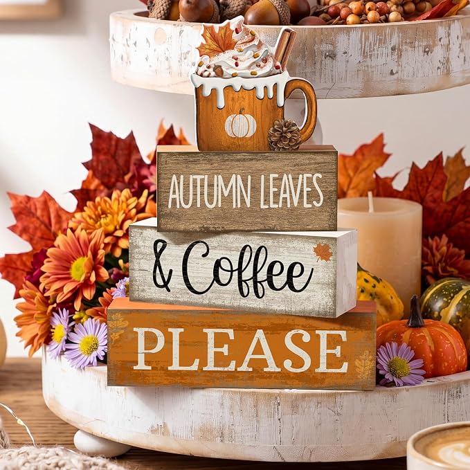 Lineshading 4 Pcs Fall Coffee Table Decor Fall Decor for Home Pumpkin Latte | Stackable Blocks for Coffee Bar, Thanksgiving Table Centerpiece, Rustic Farmhouse Home Decoration, Autumn Theme