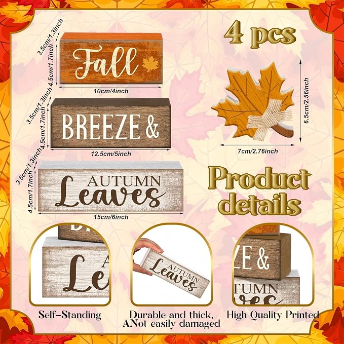 Lineshading 4 Pcs Wooden Fall Block Signs Farmhouse Tabletop Decor | Rustic Home Accent for Tiered Trays, Autumn Leaves Theme, Stacked Design for Seasonal Display, Harvest Lettering