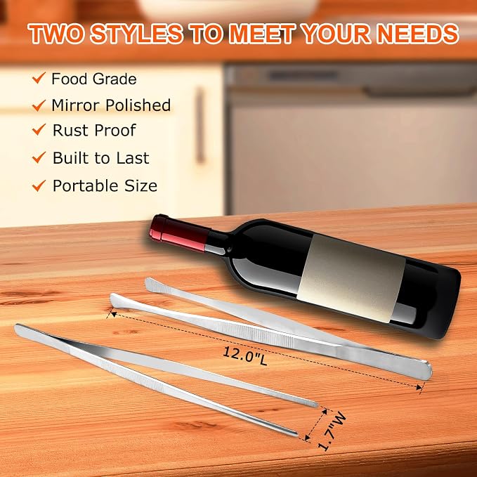 12-Inch Cooking Tweezers, 2-Pack Stainless Steel Kitchen Tongs | Two 12-inch stainless steel tongs with straight and round tips for frying, grilling, pasta, bacon, and serving.