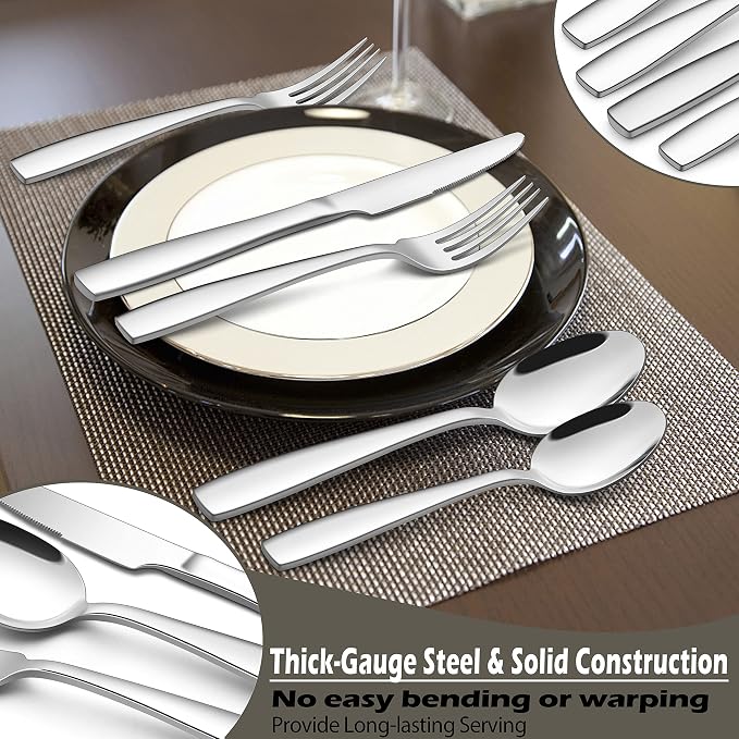 E-far 40 Pcs Heavy Duty Silverware Set for 8, Stainless Steel Flatware Set | Thick Metal Tableware Eating Utensils Include Forks Spoons Knives, Square Edge & Mirror Polished Cutlery, Dishwasher Safe