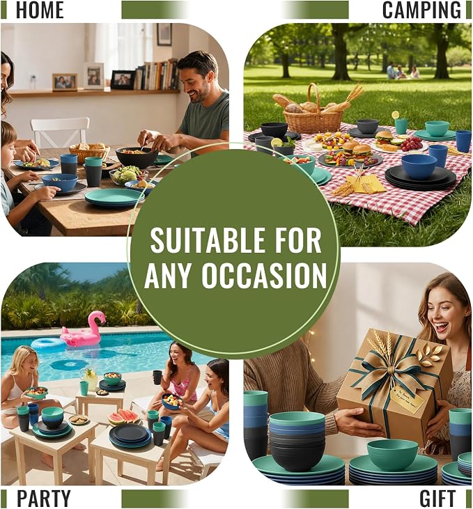 40 PCS Wheat Straw Plates and Bowls Sets,Dishware Set for 8,Unbreakable Kitchen Plates and Bowls Set for Travel Party Dishwasher & Microwave Safe Lightweight Plastic Dishes Set - Calm Tones